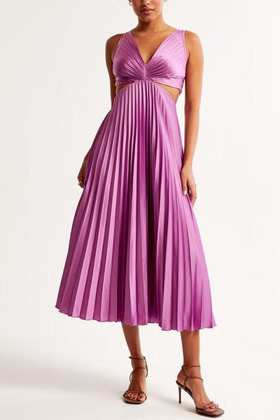 Reyanna™ | V Neck Cut Out Waist Sleeveless Pleated Maxi Dress