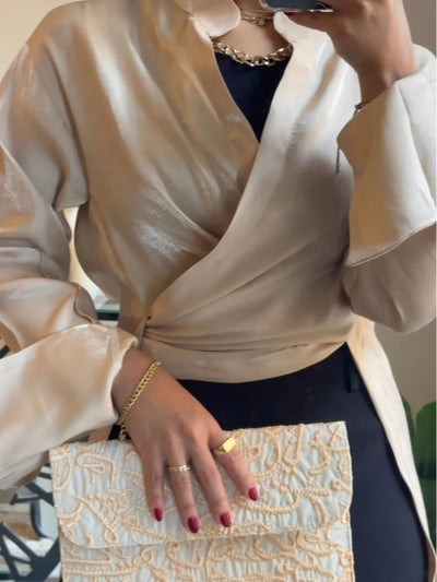 Reyanna™ | Satin stand-up collar and paneled back hem shirt