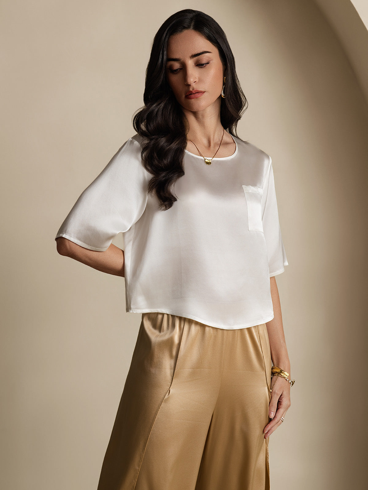 Reyanna™ | Rent Silke Enfärgad Hårärm Dam T-Shirt