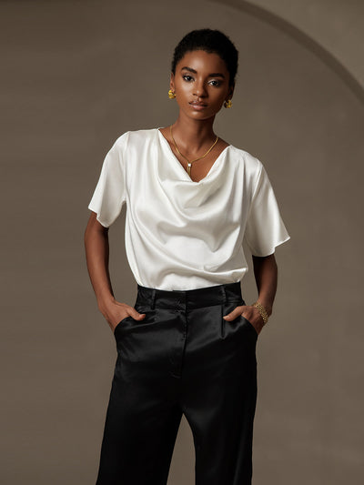 Reyanna™ | Siden avslappnad cowl neck t-shirt med kort ärm