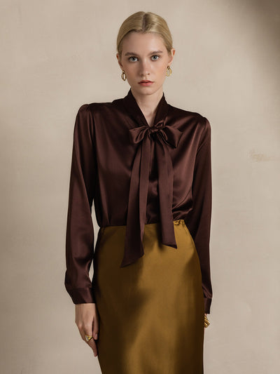Reyanna™ | Elegant Siden Skjorta med Knytkrage och Långa Ärmar