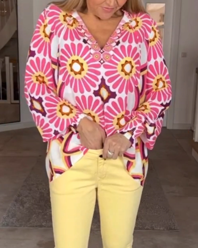 Långärmad blus med geometriskt tryck