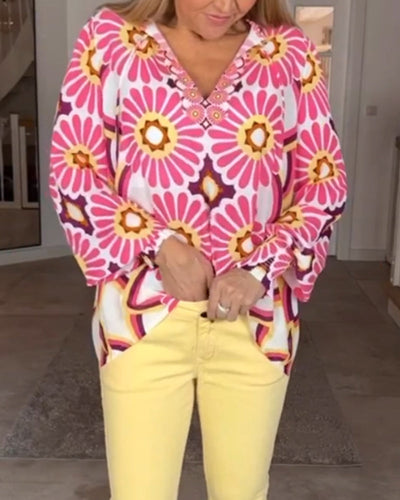 Långärmad blus med geometriskt tryck