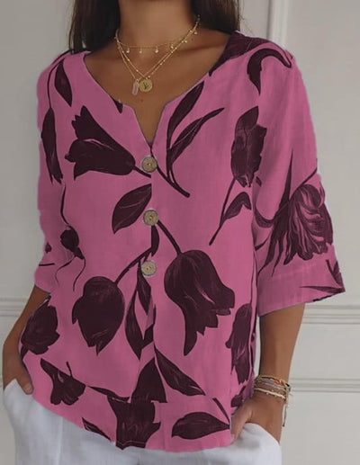 Reyanna™ | Printed Linen-Cotton V-Neck Pullover Shirt