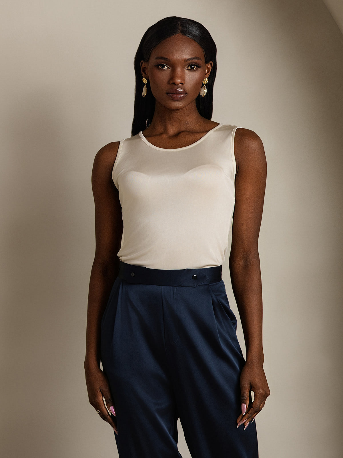 Reyanna™ | Sidenstickad Lounge Rund Halsringning Tank Top