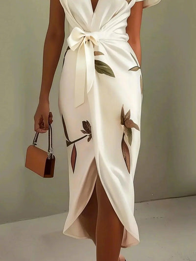 Reyanna™ | White Leaf Short Sleeve Satin Wrap Sheath Midi Dress