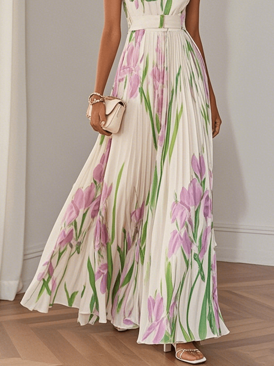 Reyanna™ | White Pleated Floral Chiffon Square Neck Sleeveless A-Line Maxi Dress