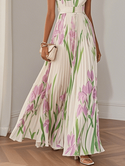 Reyanna™ | White Pleated Floral Chiffon Square Neck Sleeveless A-Line Maxi Dress