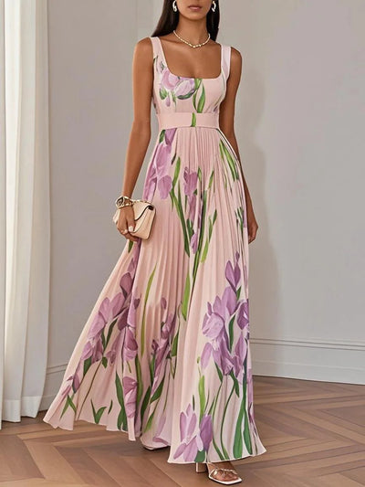 Reyanna™ | White Pleated Floral Chiffon Square Neck Sleeveless A-Line Maxi Dress