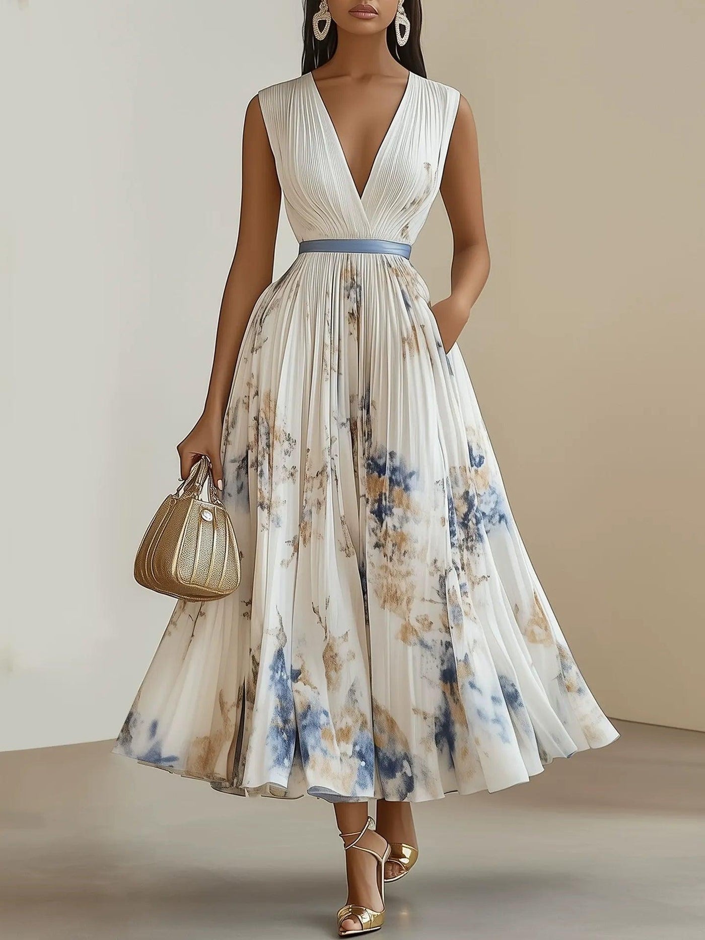 Reyanna™ | Spring New White Pleated Floral Chiffon V Neck Sleeveless A-Line Midi Dress