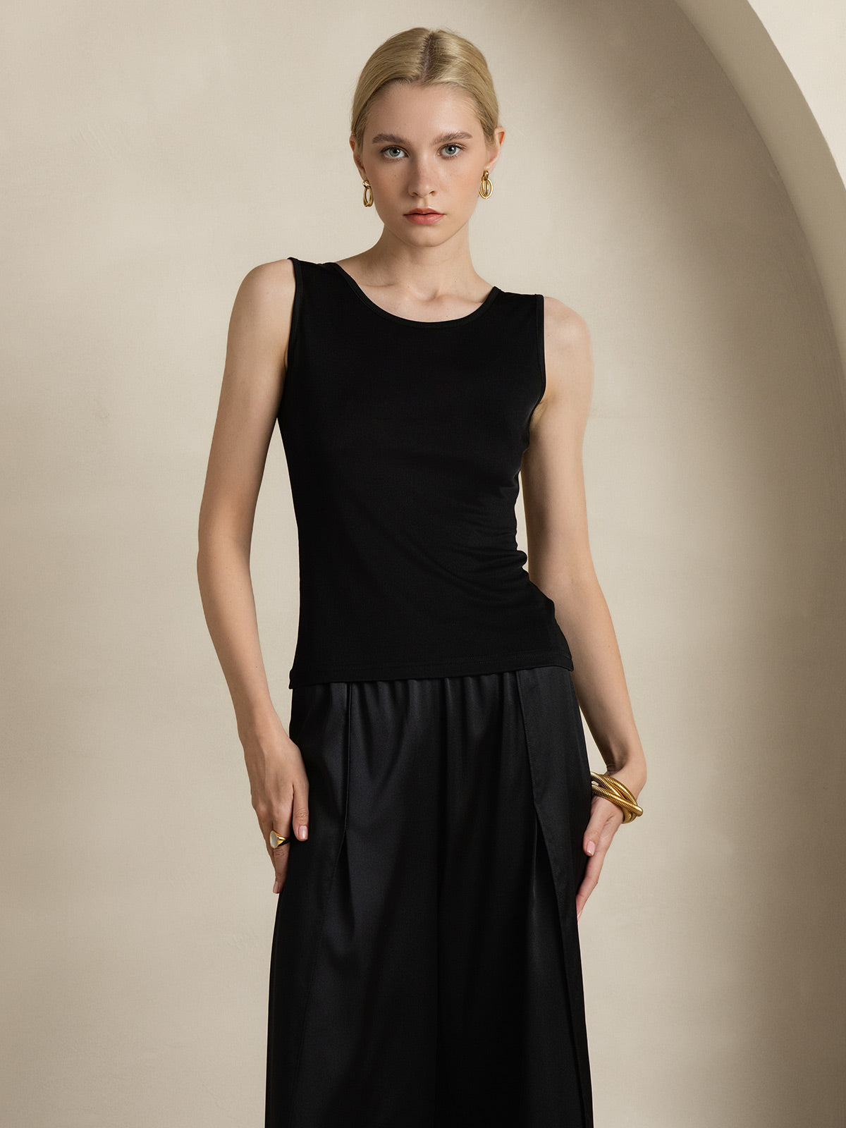 Reyanna™ | Sidenstickad Lounge Rund Halsringning Tank Top