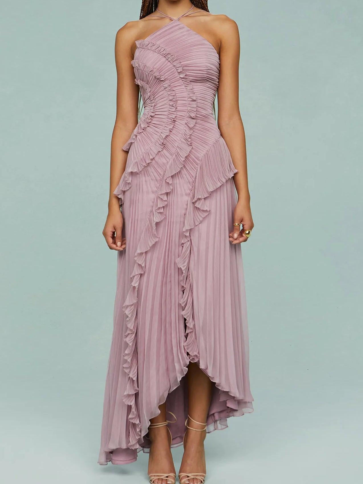 Reyanna™ | Pleated Suspender Long Dress With Slits