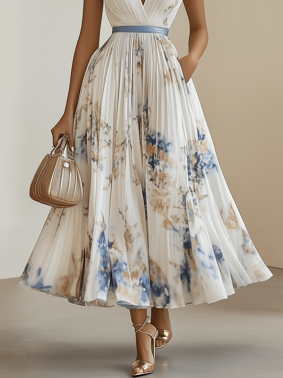 Reyanna™ | Spring New White Pleated Floral Chiffon V Neck Sleeveless A-Line Midi Dress