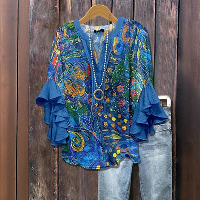 Vintage Blus Med Abstrakt Tryck