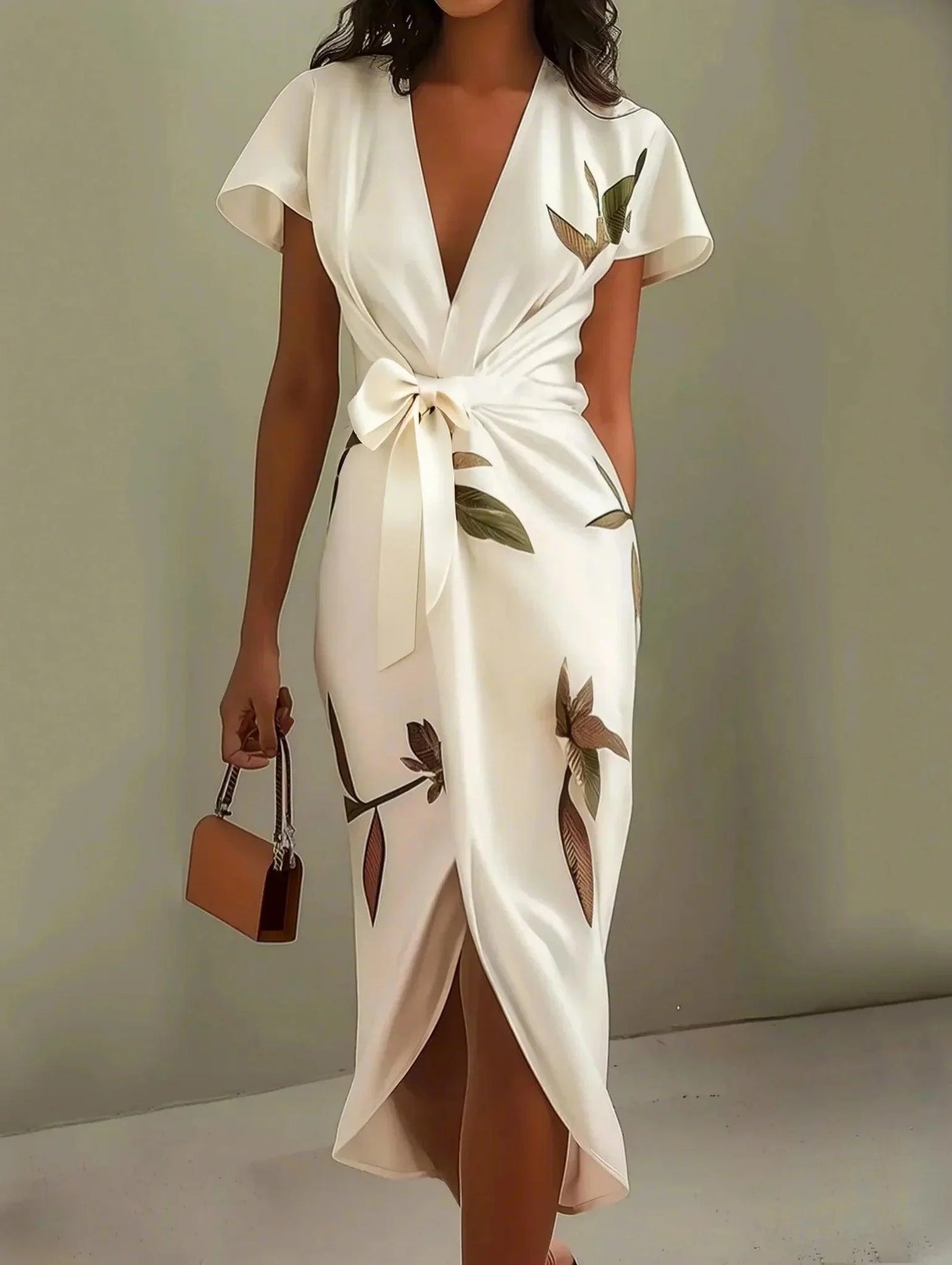 Reyanna™ | White Leaf Short Sleeve Satin Wrap Sheath Midi Dress
