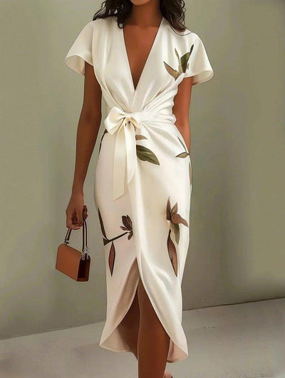 Reyanna™ | White Leaf Short Sleeve Satin Wrap Sheath Midi Dress
