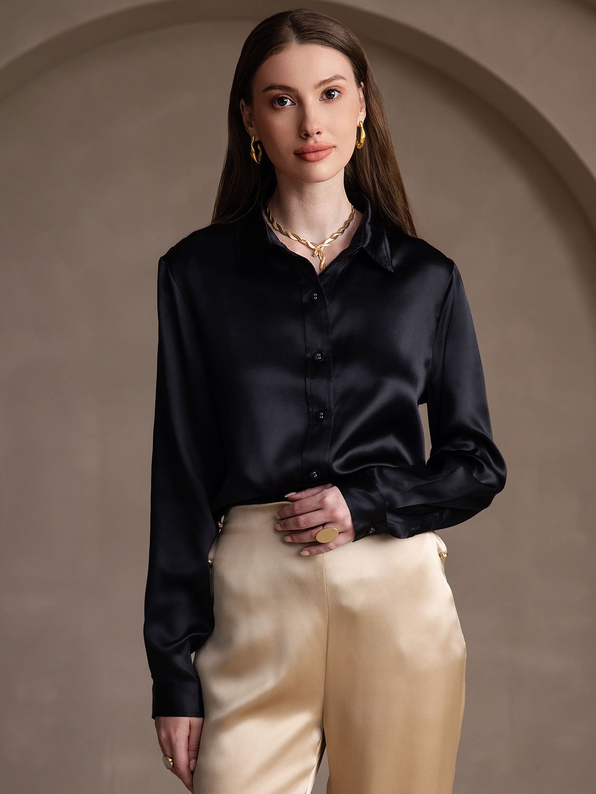 Dam 19 Momme Mulberry Silke Elegant Långärmad Skjorta