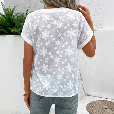 Elegant Blommig Broderad Blus