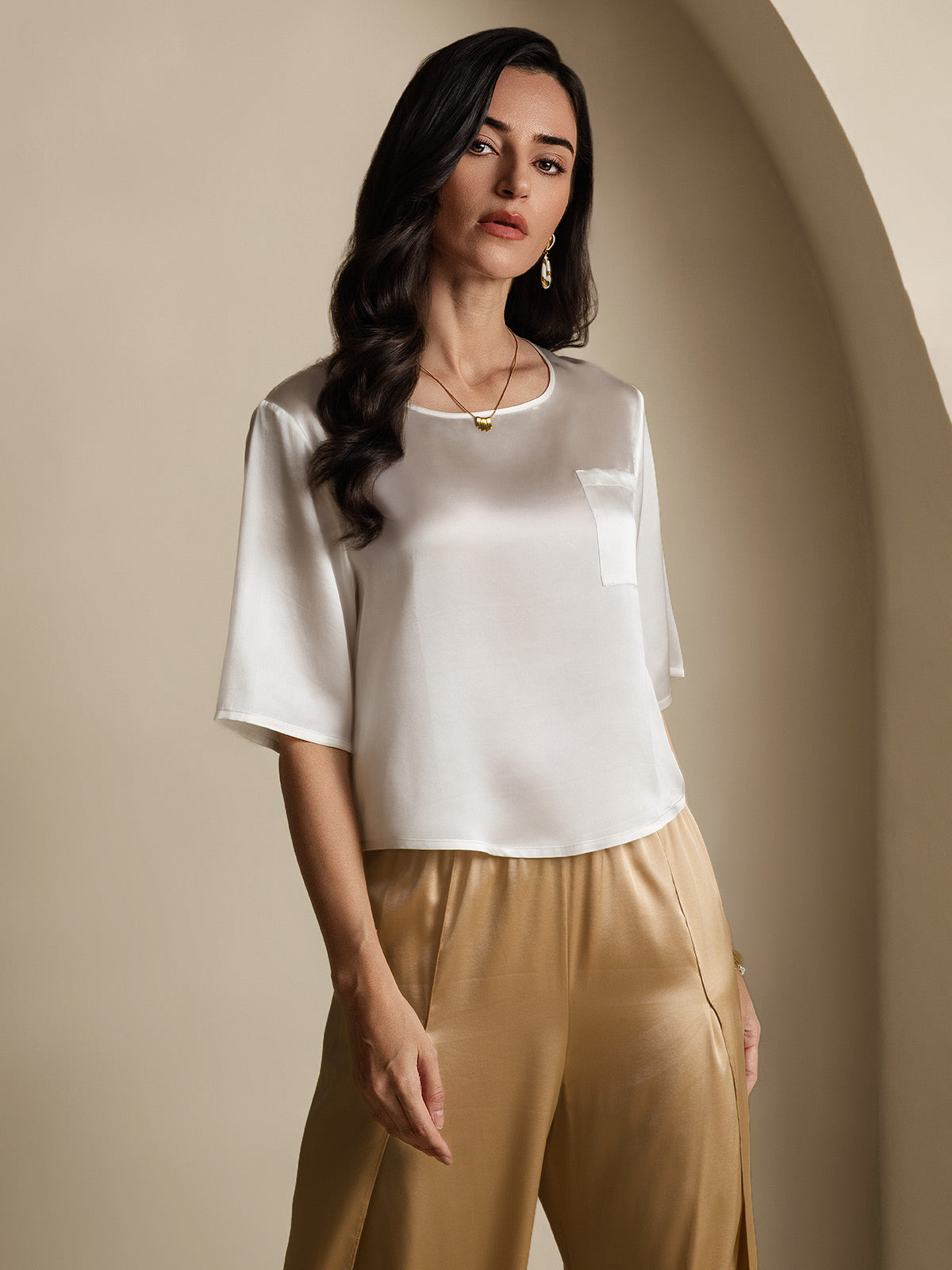 Reyanna™ | Rent Silke Enfärgad Hårärm Dam T-Shirt