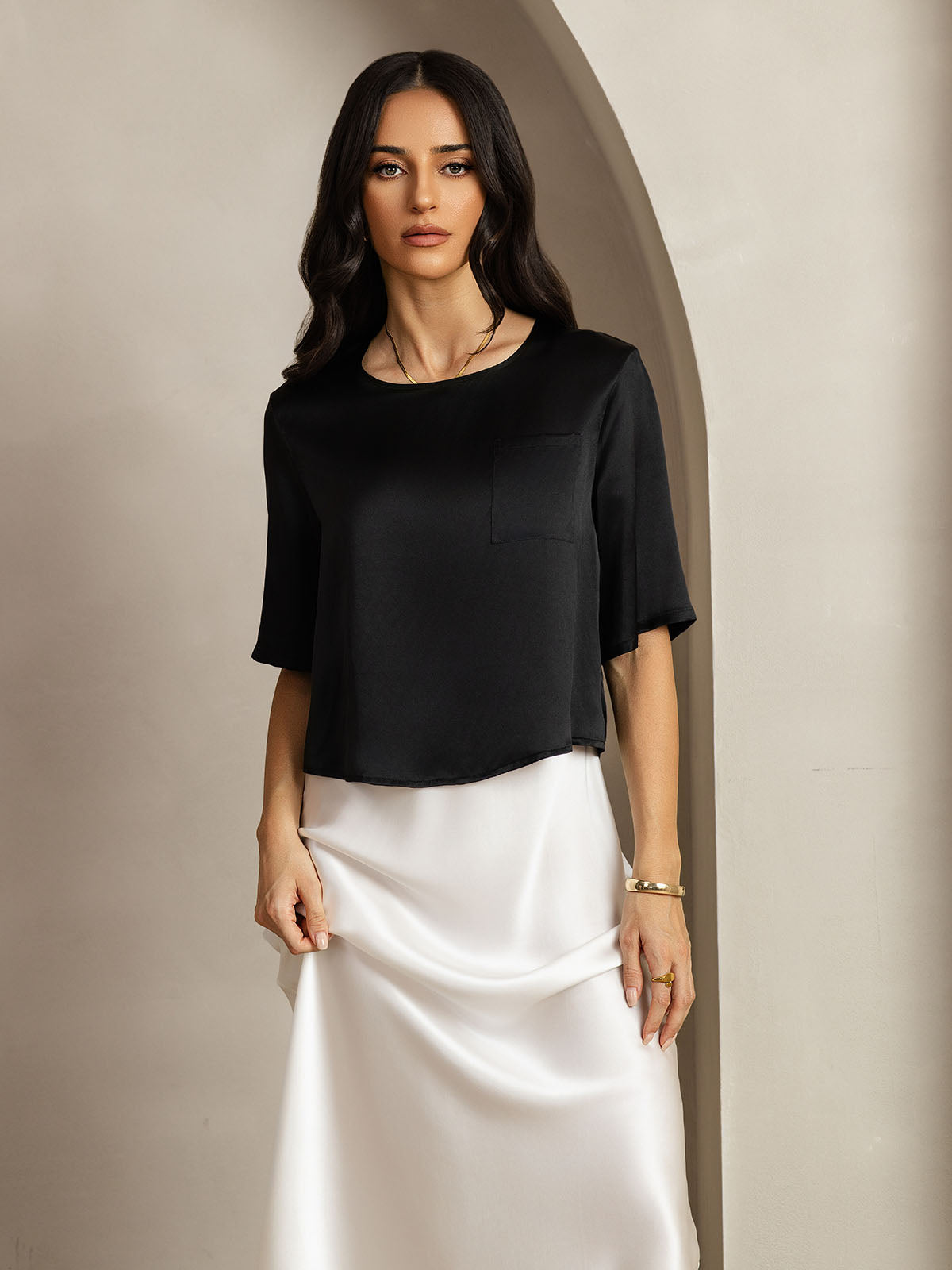 Reyanna™ | Rent Silke Enfärgad Hårärm Dam T-Shirt