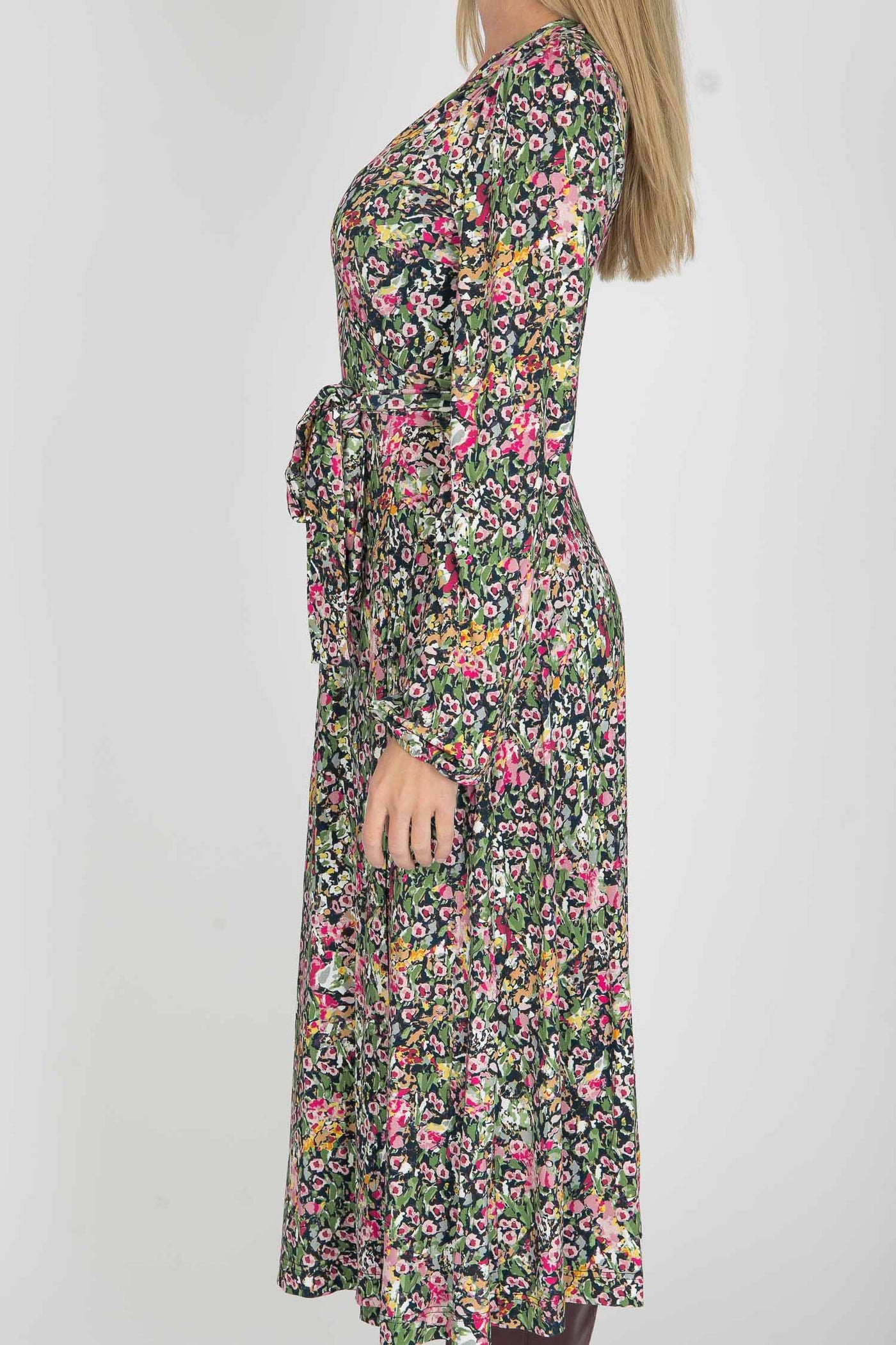 Puff sleeve midi wrap jersey dress - Pink flowers