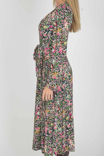 Puff sleeve midi wrap jersey dress - Pink flowers