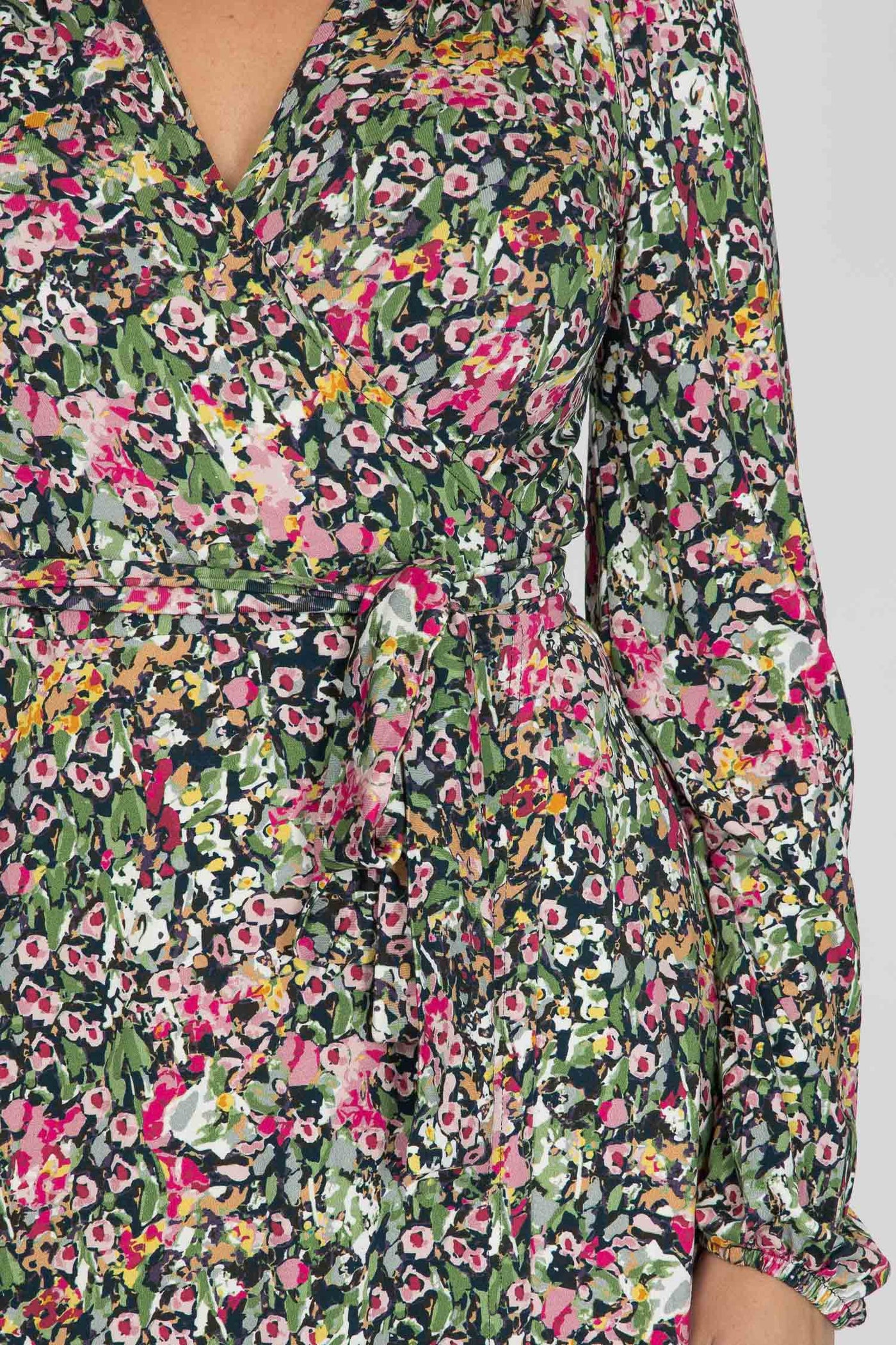 Puff sleeve midi wrap jersey dress - Pink flowers