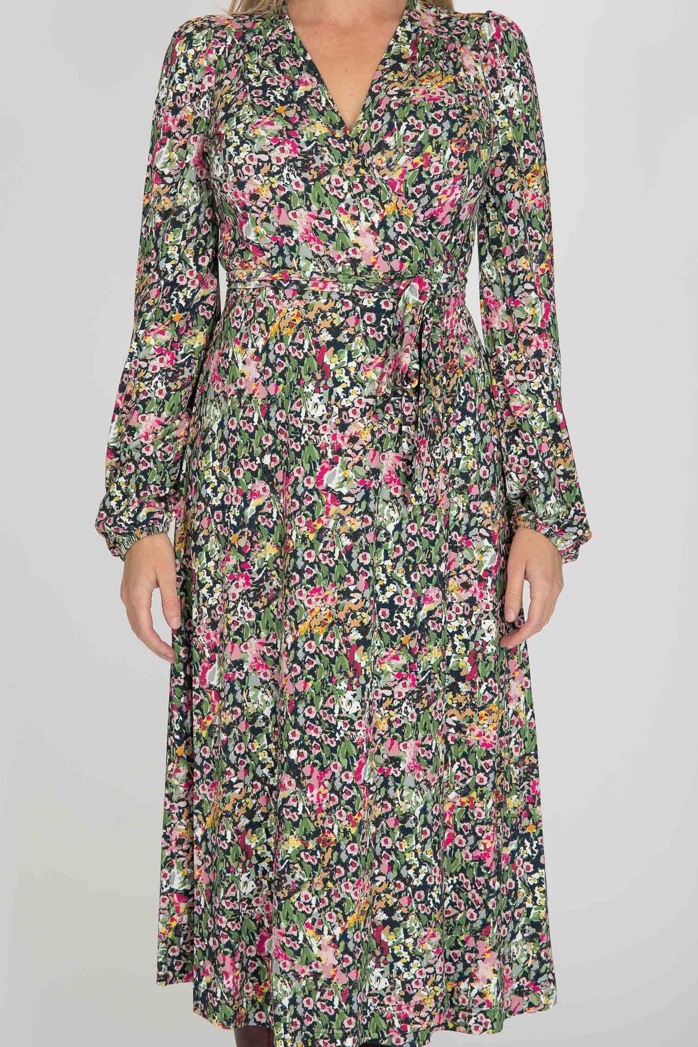 Puff sleeve midi wrap jersey dress - Pink flowers