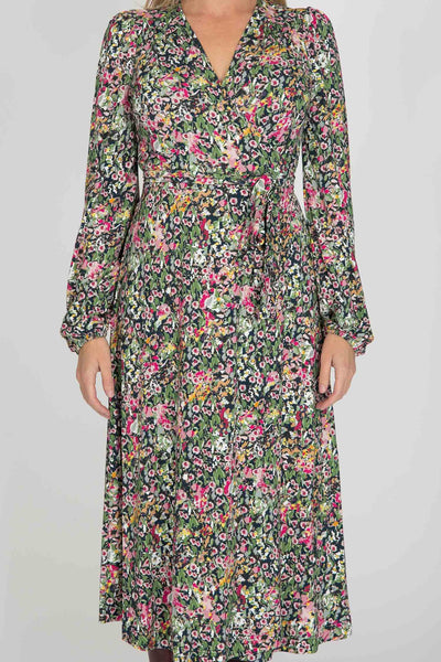 Puff sleeve midi wrap jersey dress - Pink flowers