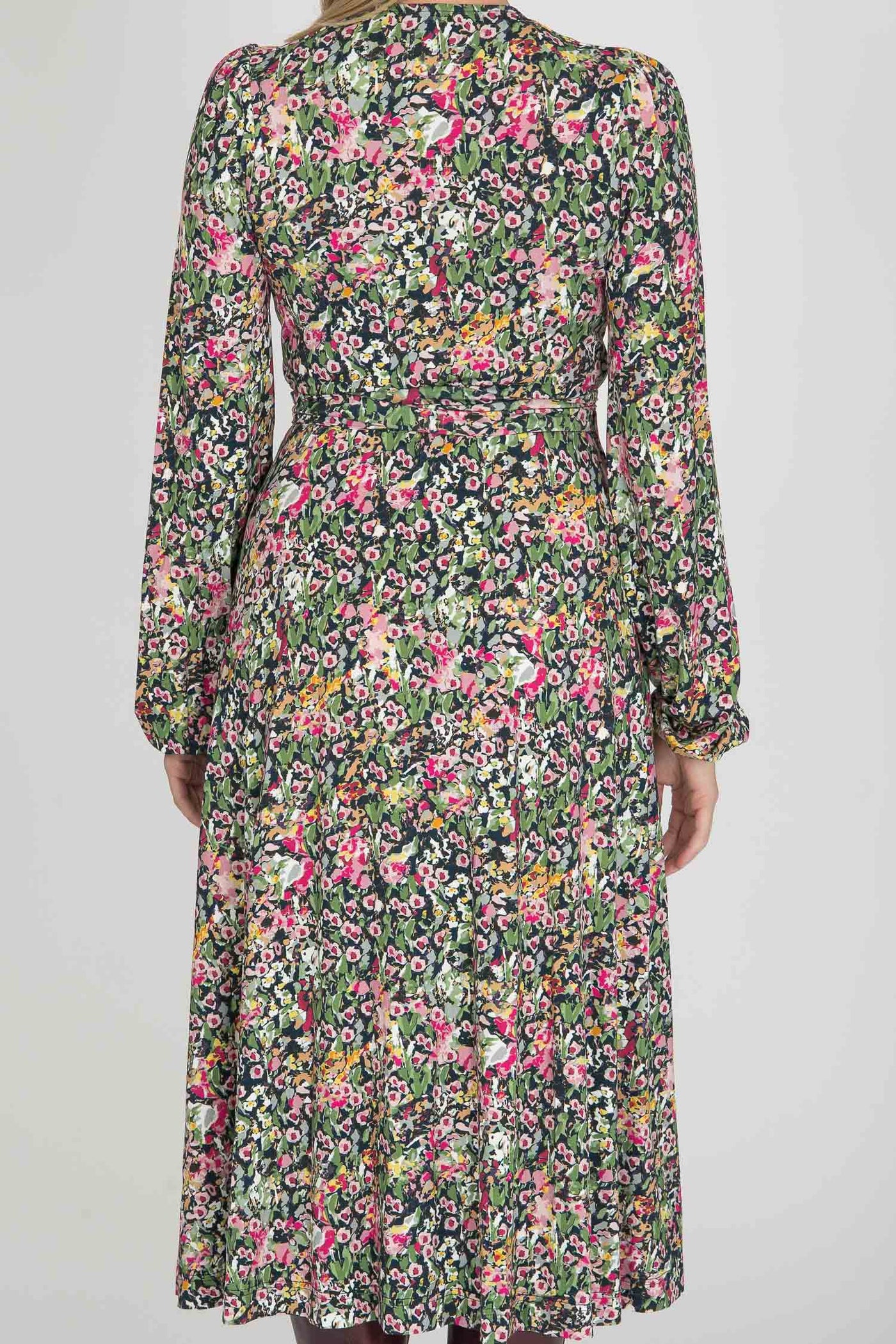 Puff sleeve midi wrap jersey dress - Pink flowers