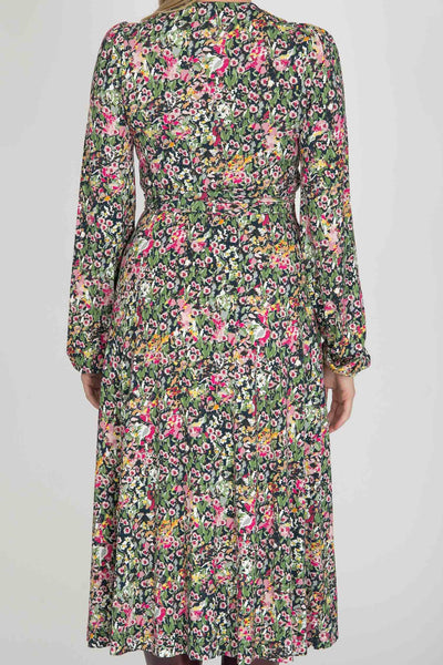 Puff sleeve midi wrap jersey dress - Pink flowers