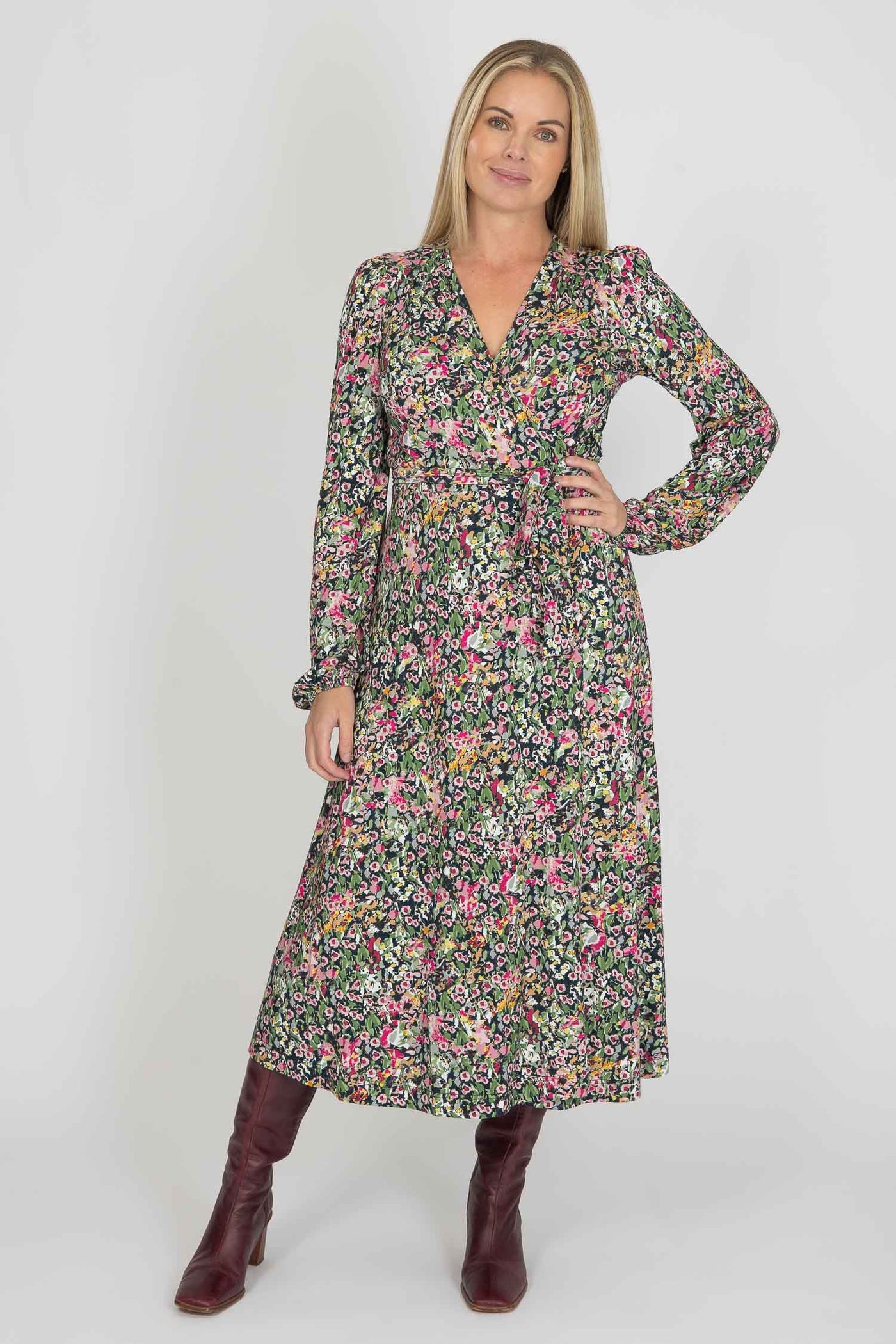 Puff sleeve midi wrap jersey dress - Pink flowers