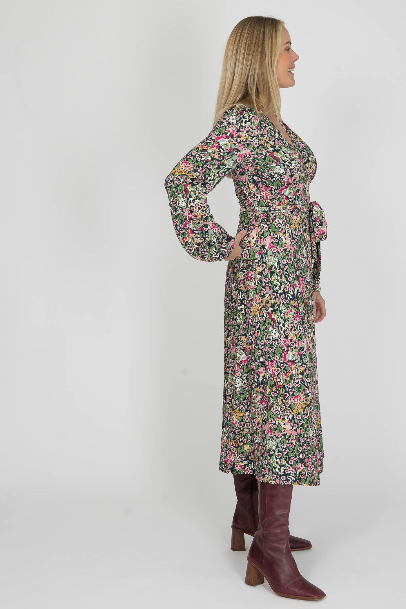Puff sleeve midi wrap jersey dress - Pink flowers