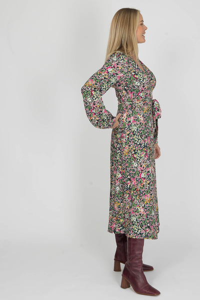 Puff sleeve midi wrap jersey dress - Pink flowers