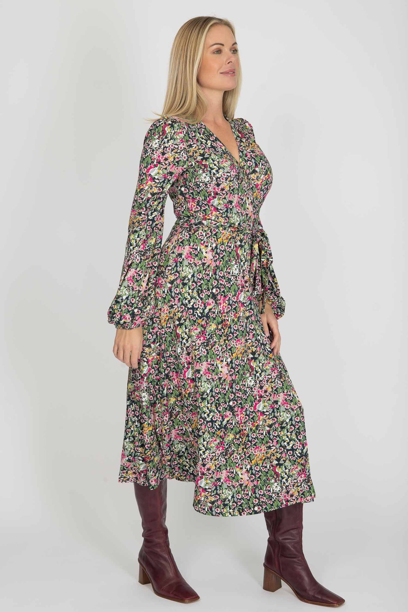 Puff sleeve midi wrap jersey dress - Pink flowers