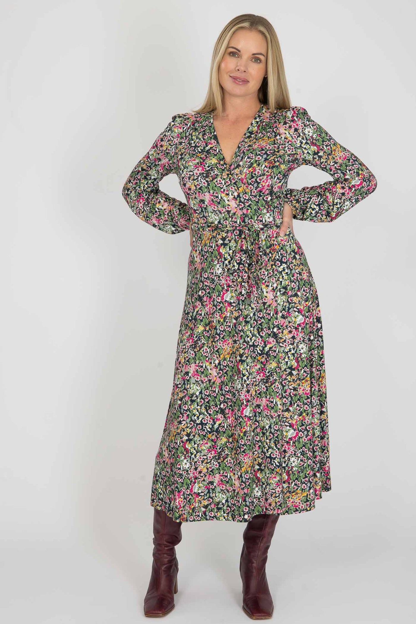 Puff sleeve midi wrap jersey dress - Pink flowers