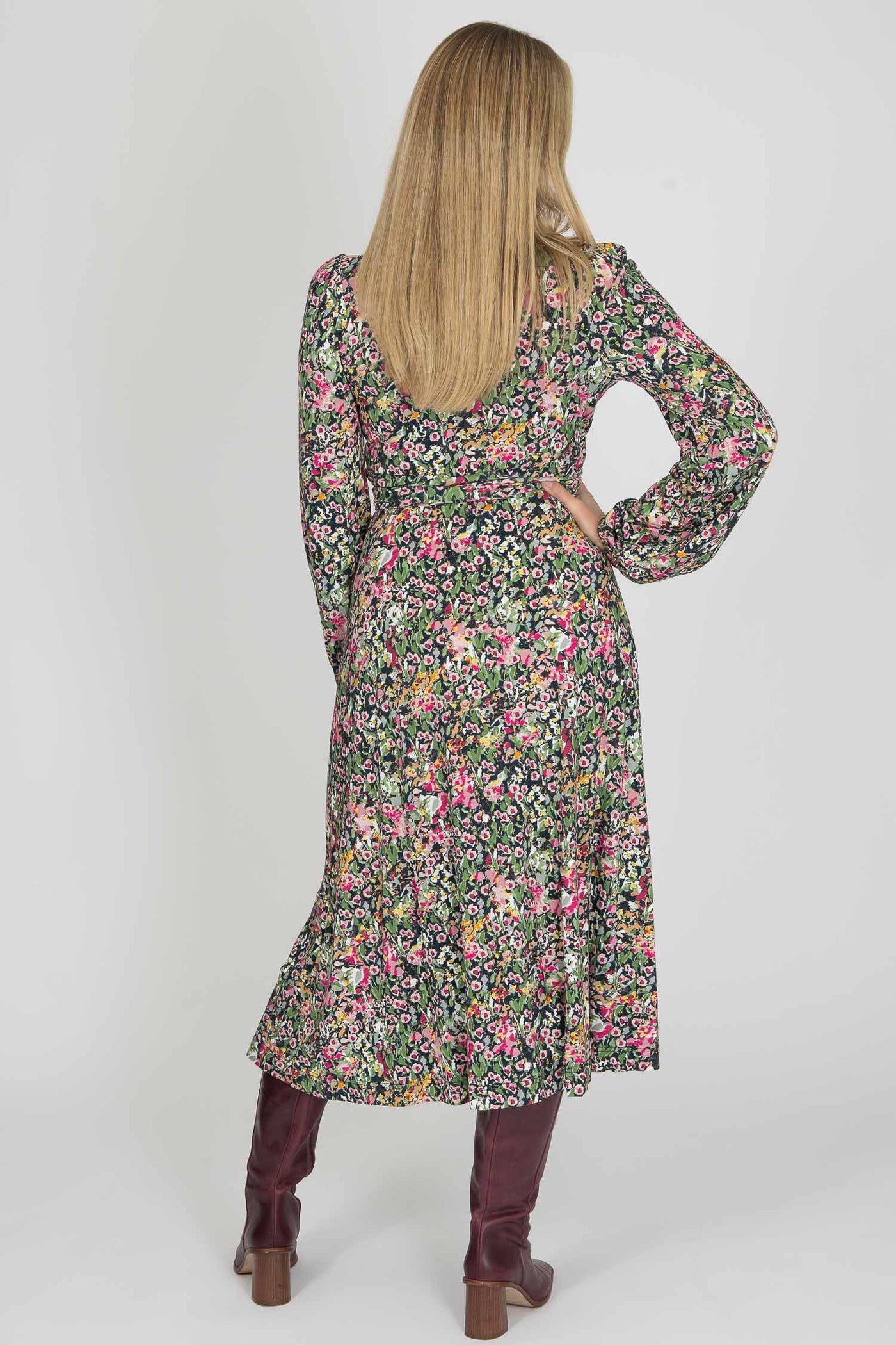 Puff sleeve midi wrap jersey dress - Pink flowers