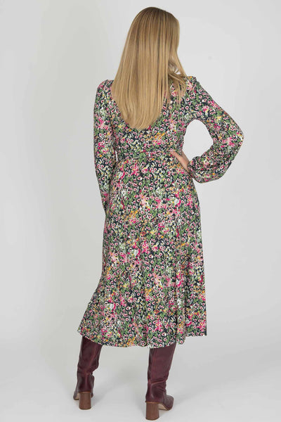 Puff sleeve midi wrap jersey dress - Pink flowers