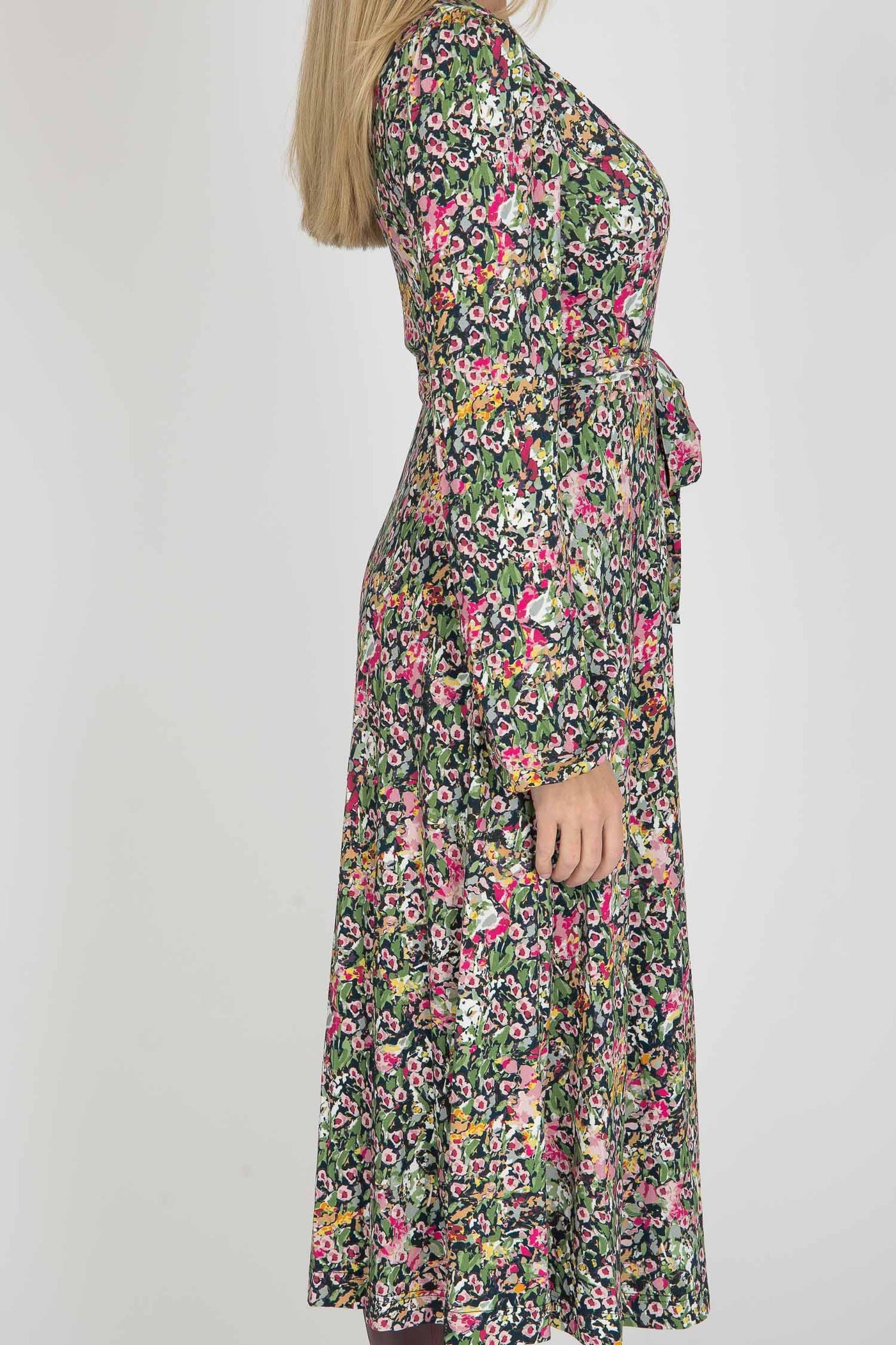 Puff sleeve midi wrap jersey dress - Pink flowers