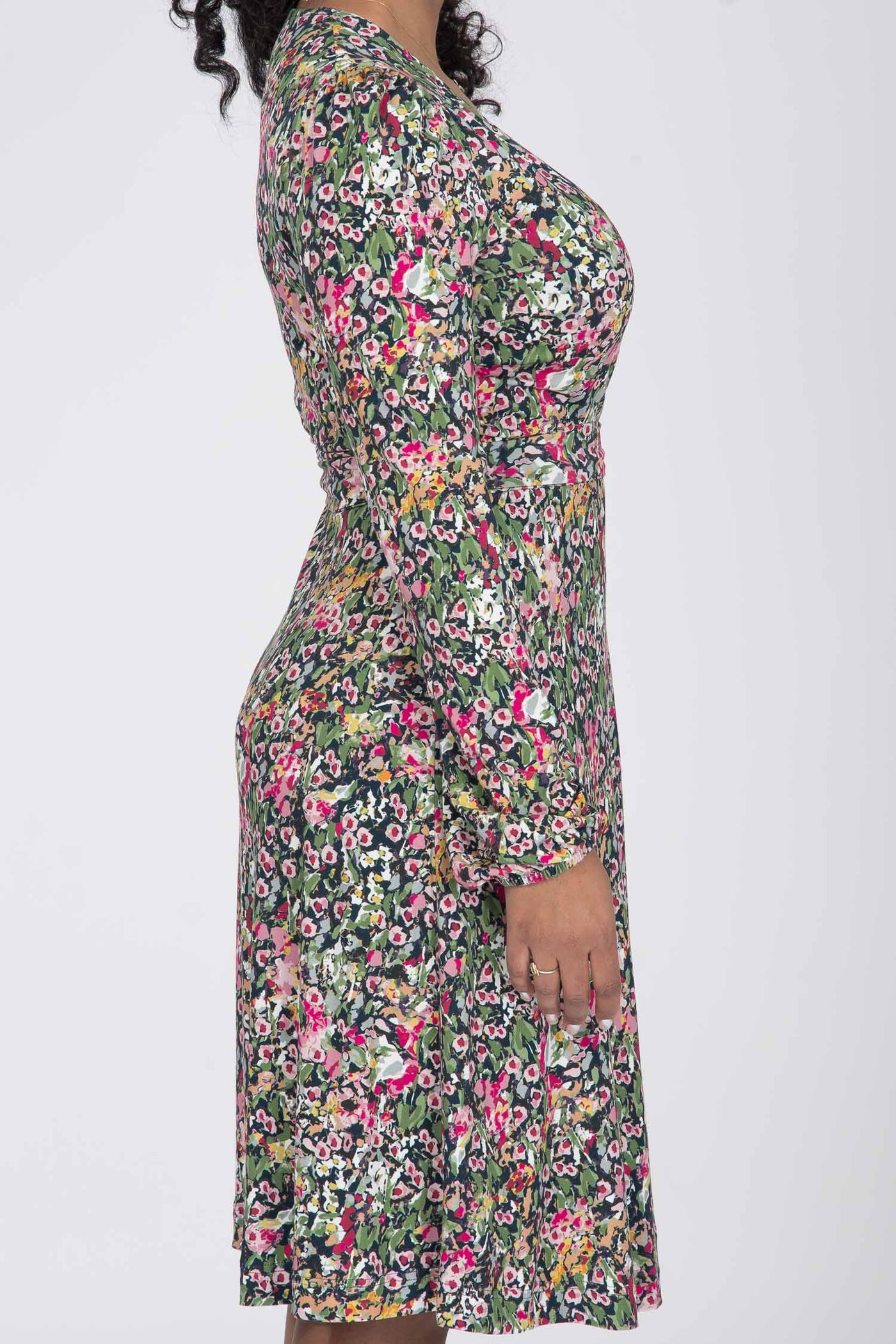 Puff sleeve short wrap jersey dress - Pink flowers