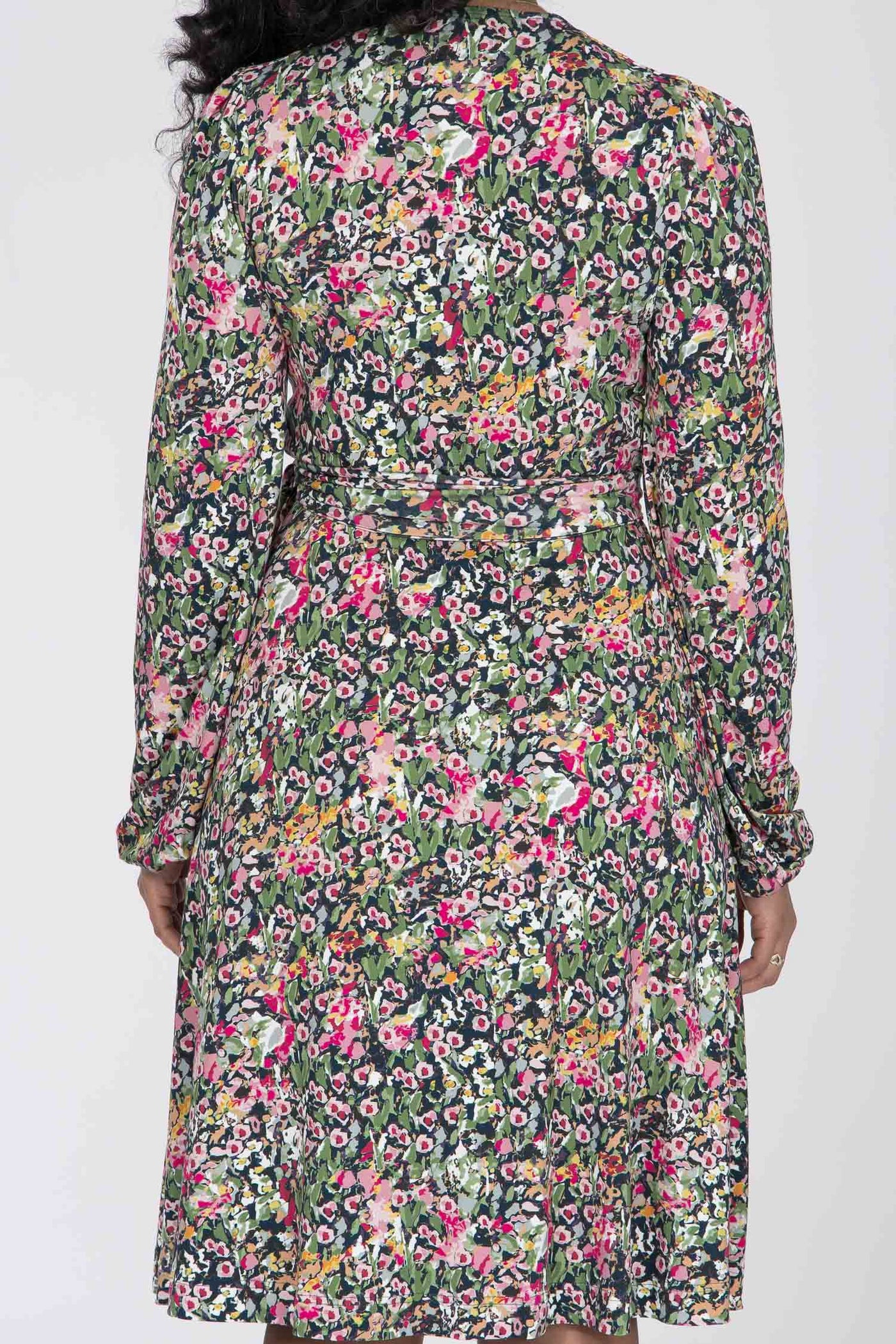 Puff sleeve short wrap jersey dress - Pink flowers