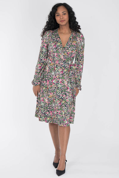Puff sleeve short wrap jersey dress - Pink flowers