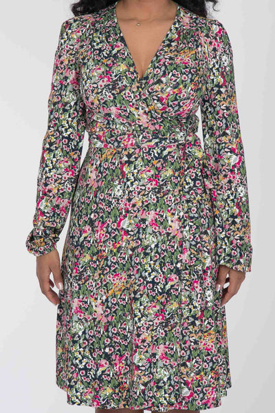 Puff sleeve short wrap jersey dress - Pink flowers
