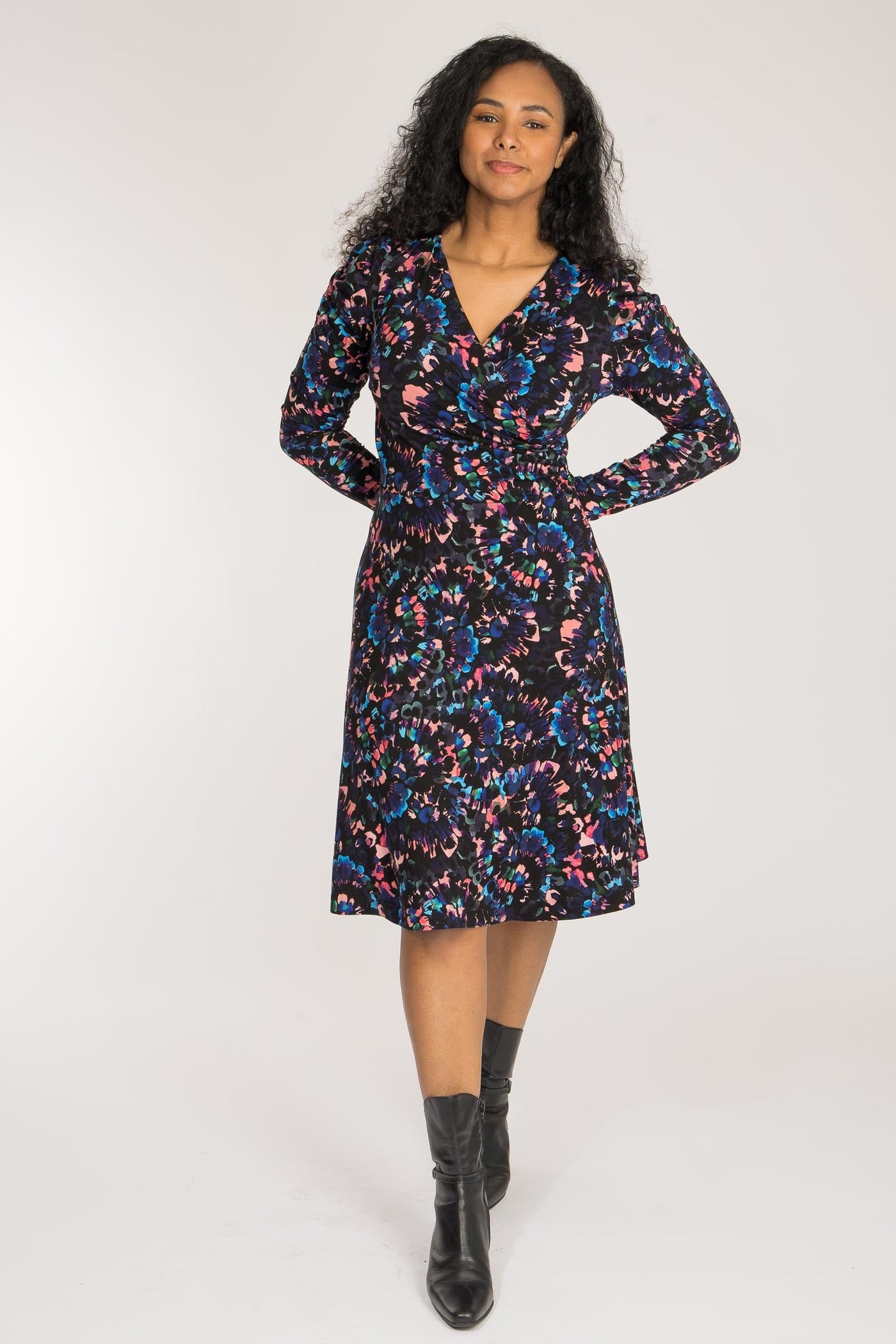 Closed wrap short jersey dress - Blue-Pink