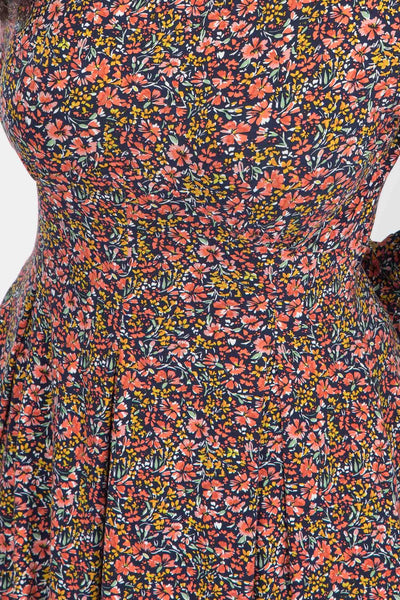 Pleated waist short jersey dress - Navy flowers