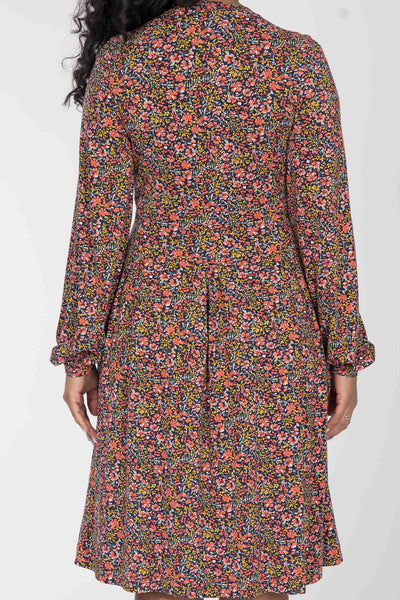 Pleated waist short jersey dress - Navy flowers