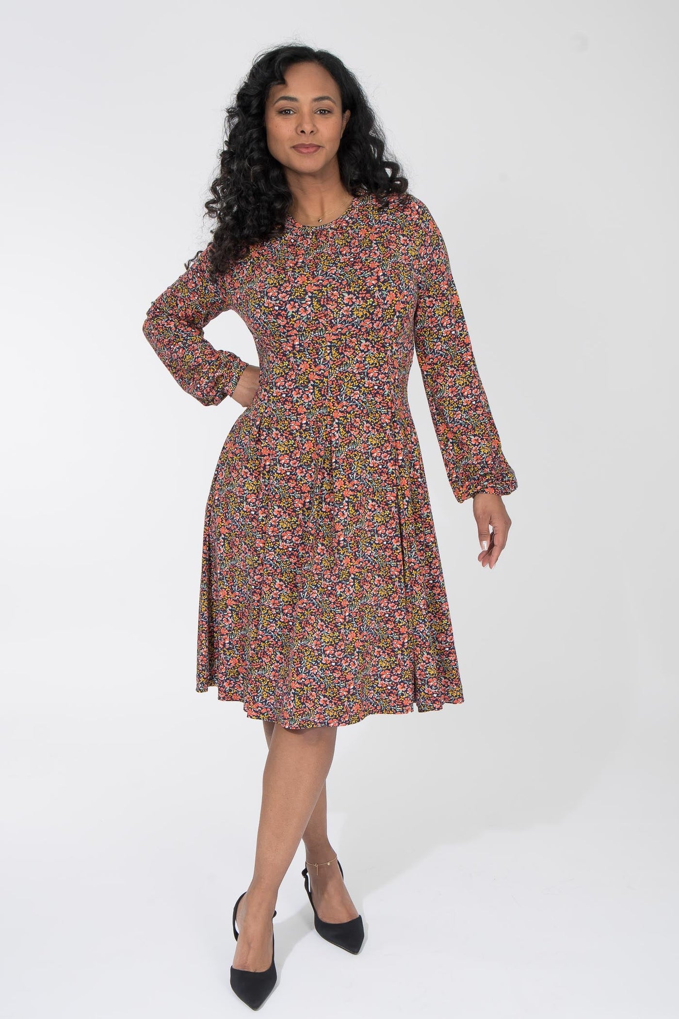 Pleated waist short jersey dress - Navy flowers