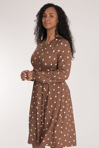 Pleated waist short jersey dress - Brown dot