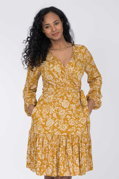 Frill short wrap jersey dress - Ochre
