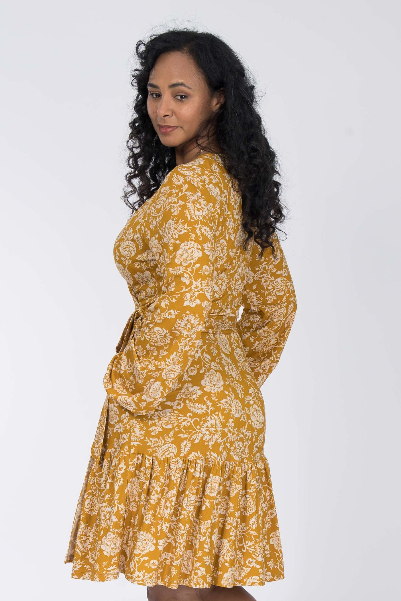 Frill short wrap jersey dress - Ochre